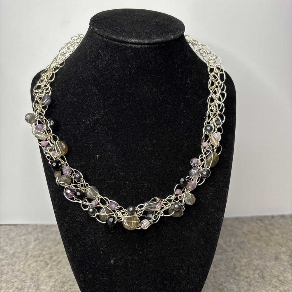 Handmade Wire Crochet Beaded Necklace Purple Black Gray Multi Strand 18"